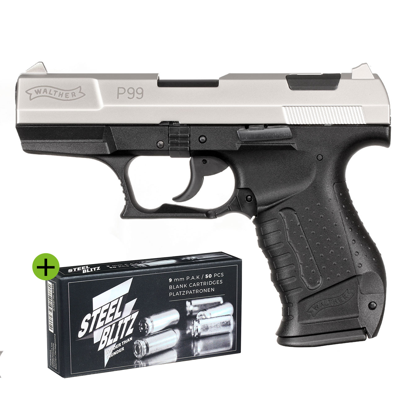 Walther P99 Schreckschuss Pistole 9 mm P.A.K. vernickelt + 50 Schuss Pobjeda Steel Blitz