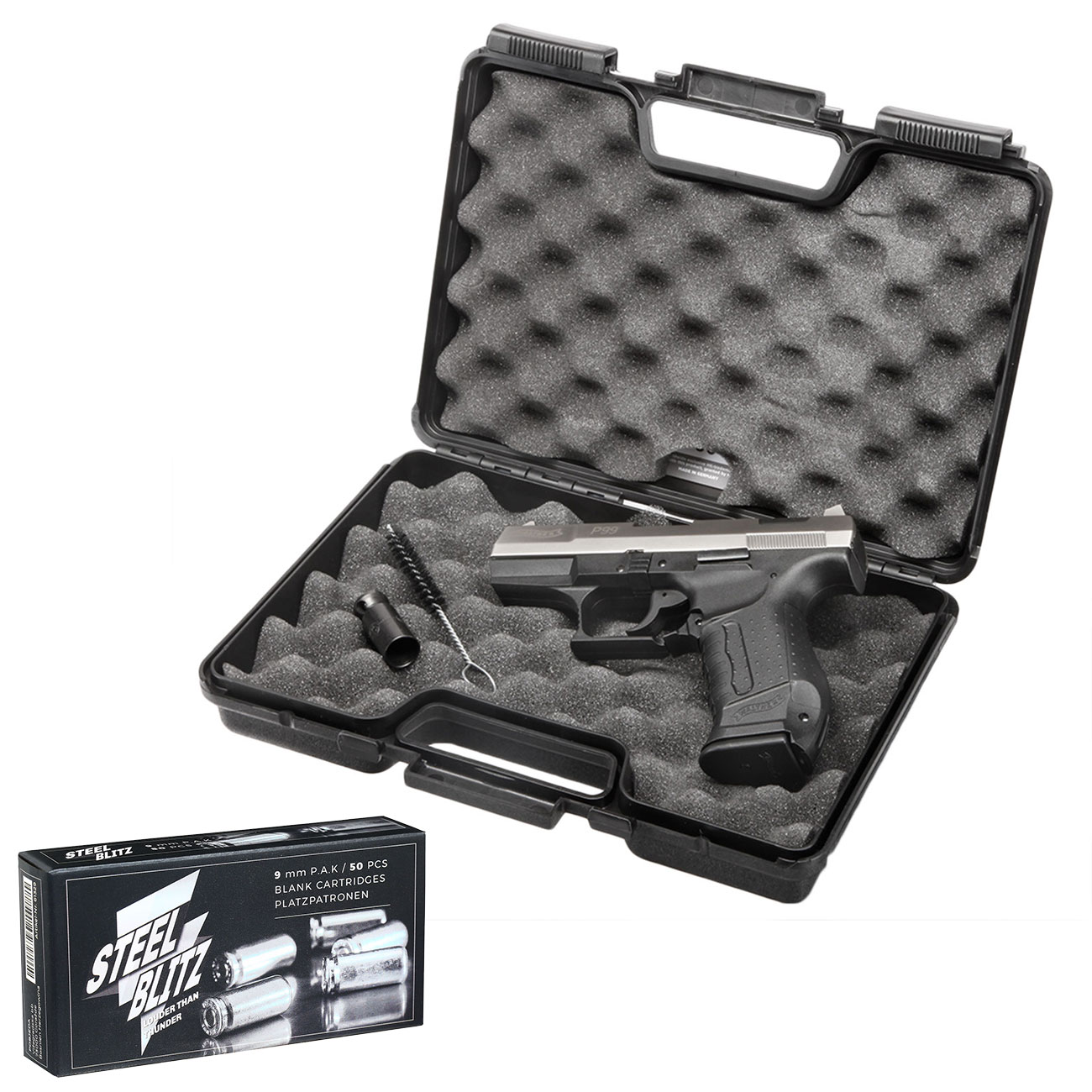 Walther P99 Schreckschuss Pistole 9 mm P.A.K. vernickelt + 50 Schuss Pobjeda Steel Blitz Bild 4