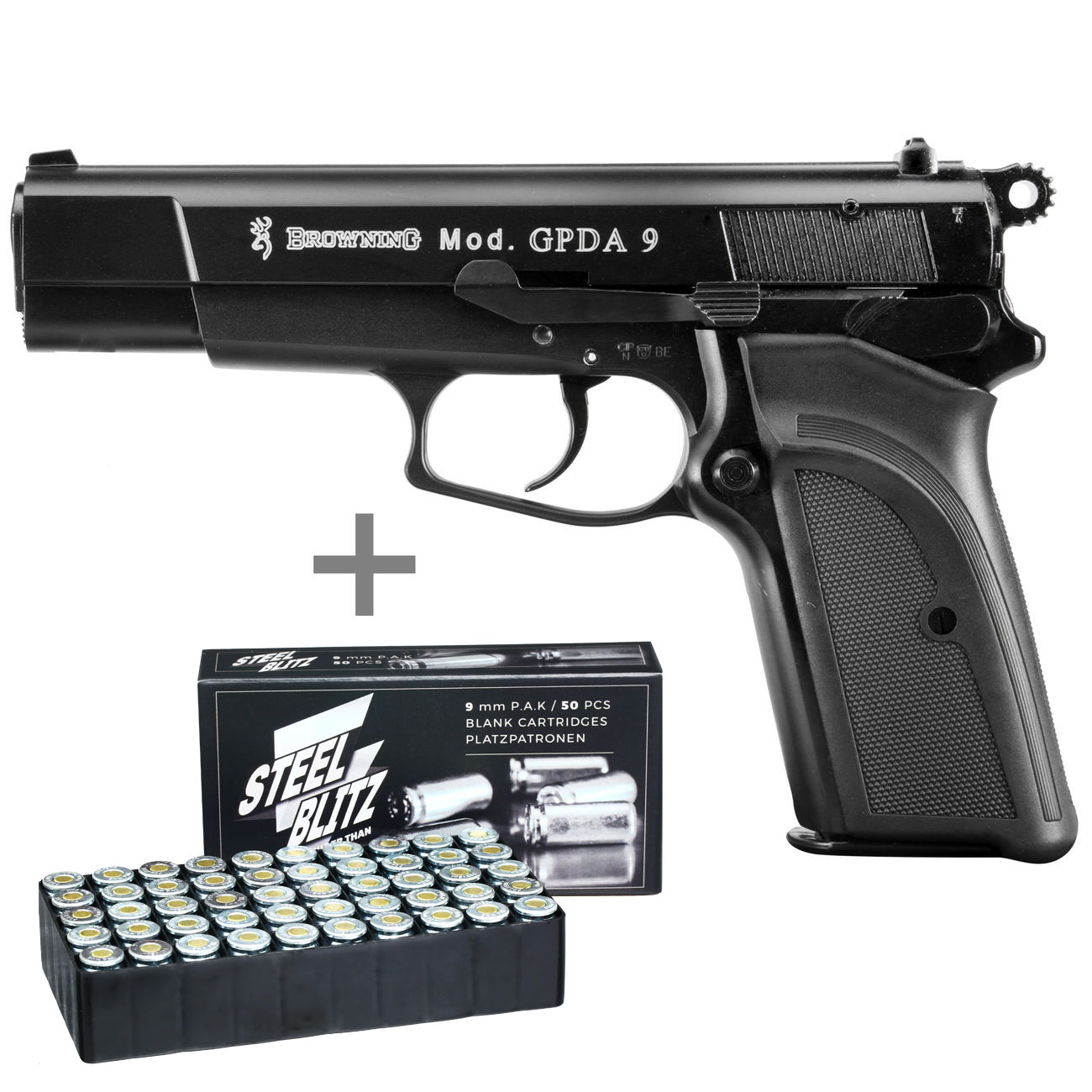 Browning GPDA9 Schreckschuss Pistole 9mm P.A.K. brniert + 50 Schuss Pobjeda Steel Blitz