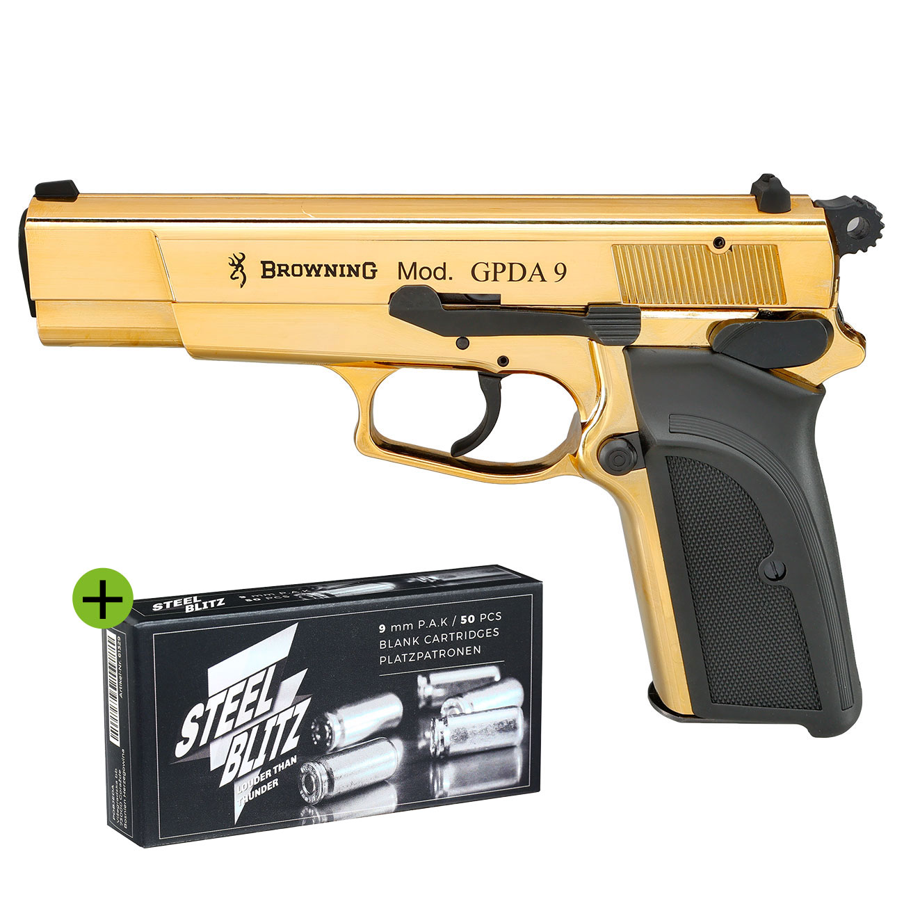 Browning GPDA9 Schreckschuss Pistole 9mm P.A.K. gold finish + 50 Schuss Pobjeda Steel Blitz