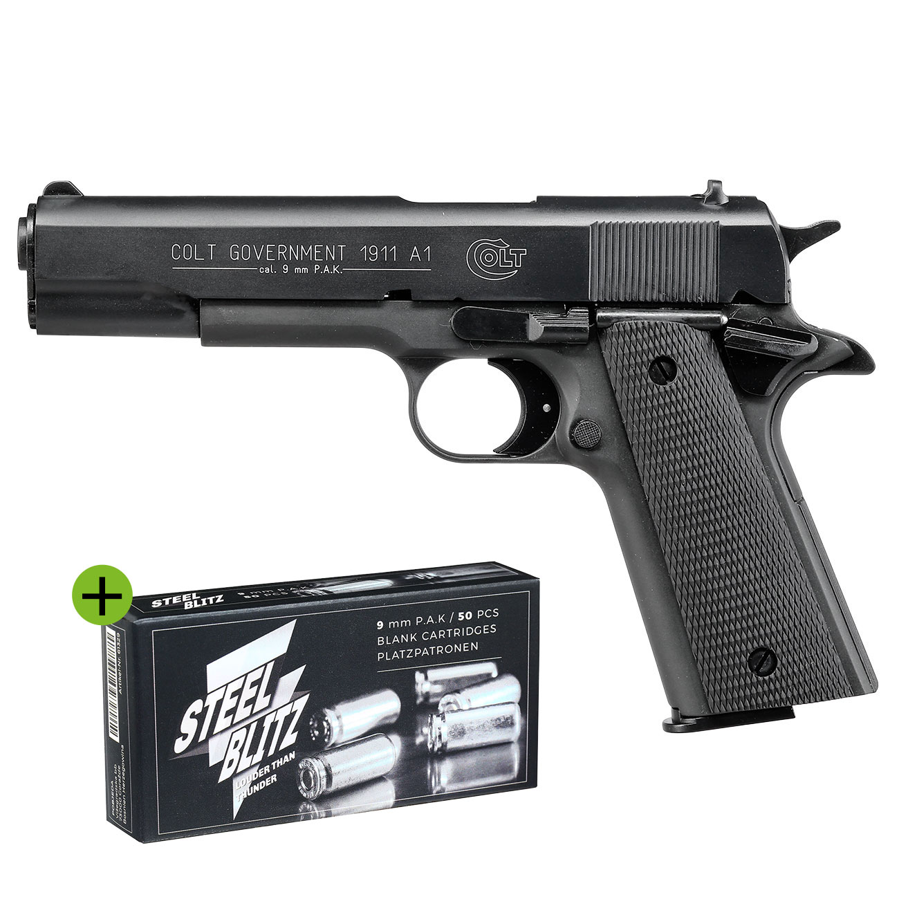 Colt Government 1911 A1 Schreckschusspistole Kal. 9mm P.A.K. brniert + 50 Schuss Pobjeda Steel Blitz