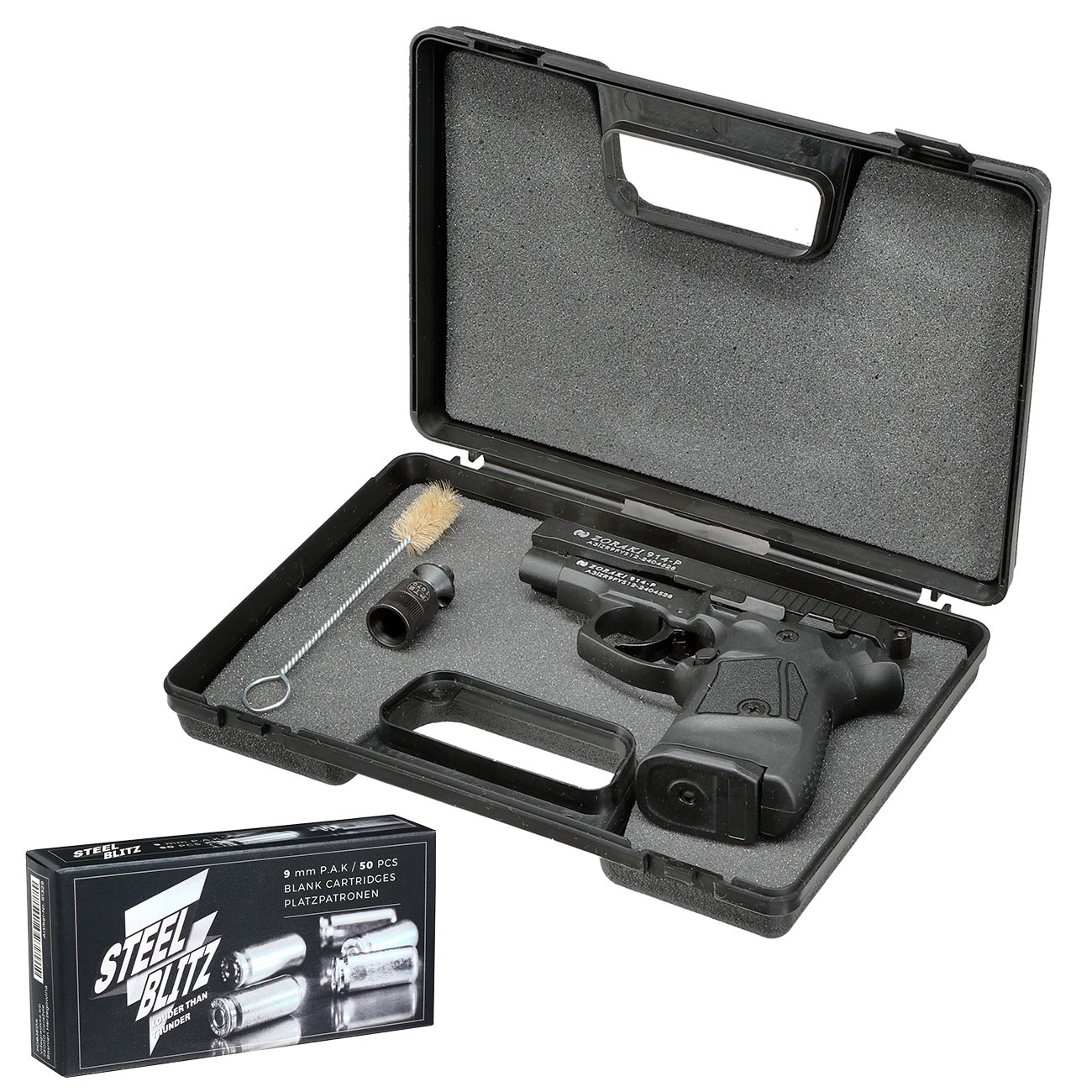 Zoraki 914 brniert Schreckschuss Pistole Kal. 9 mm P.A.K. + 50 Schuss Pobjeda Steel Blitz Bild 4