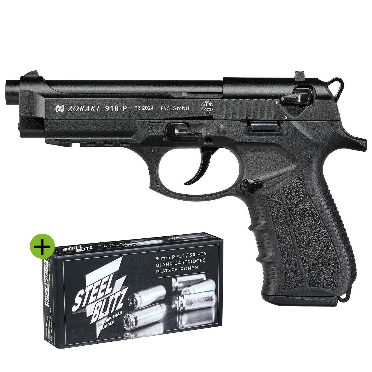 Zoraki 918 Schreckschuss-Pistole Kal. 9mm P.A. brniert inkl. 50 Schuss Pobjeda Steel Blitz