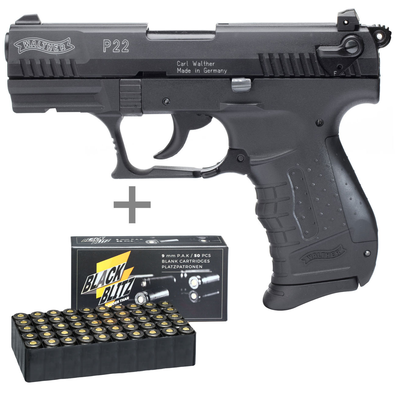 Walther P22 Schreckschuss Pistole Kal 9mm P A K 50 Schuss Pobjeda Black Blitz Kotte Zeller