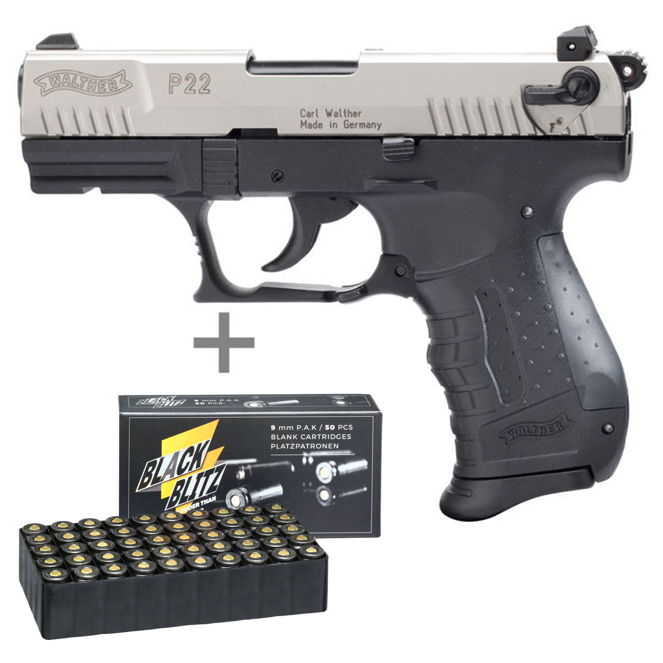 Walther P22 Schreckschuss Pistole Kal 9mm P A K Nickel 50 Schuss Pobjeda Black Blitz Kotte Zeller