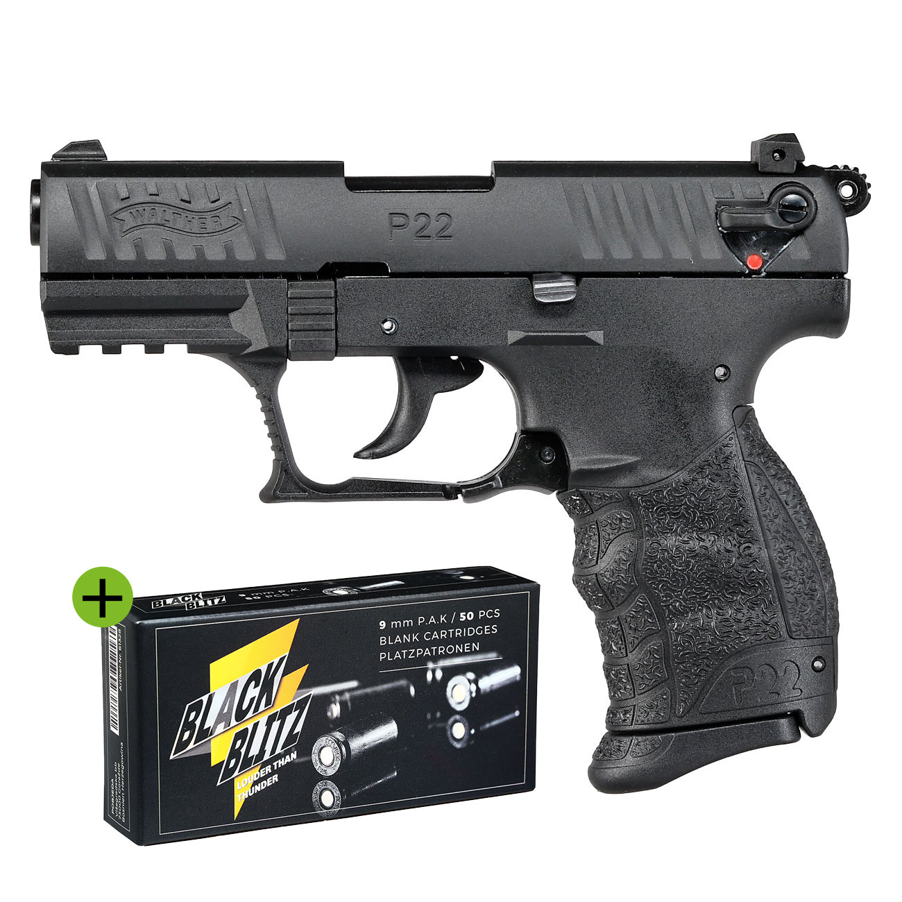 Walther P22Q Schreckschuss Pistole Kal. 9mm P.A.K. brniert + 50 Schuss Black Blitz