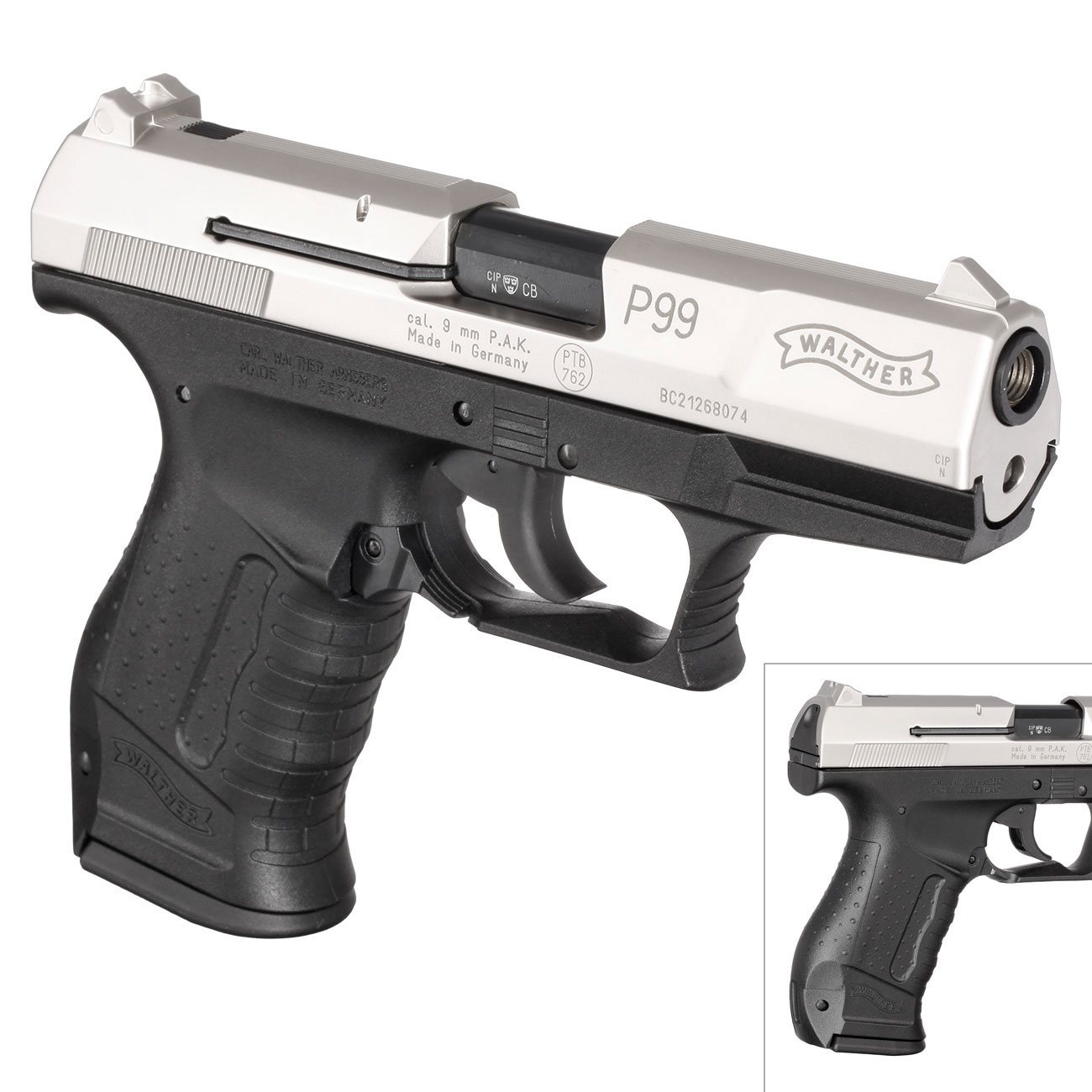 Walther P99 Schreckschuss Pistole 9 mm P.A.K. vernickelt + 50 Schuss Black Blitz Platzpatronen Bild 9