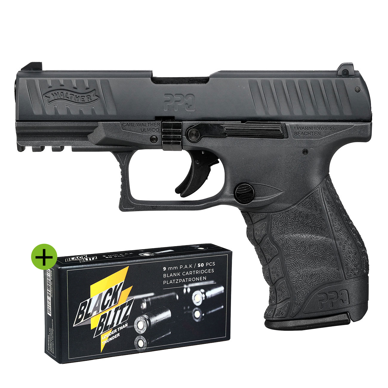Walther PPQ M2 Schreckschuss Pistole Kal. 9mm P.A.K. brniert + 50 Schuss Pobjeda Black Blitz