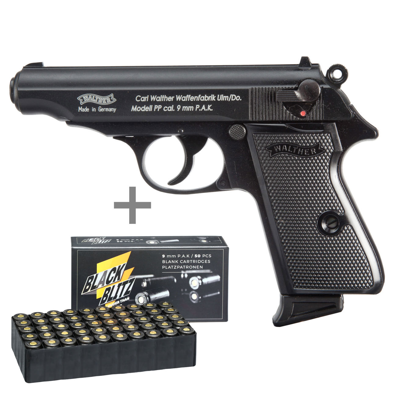 Walther PP Schreckschuss Pistole Kal. 9mm P.A.K. brniert + 50 Schuss Pobjeda Black Blitz