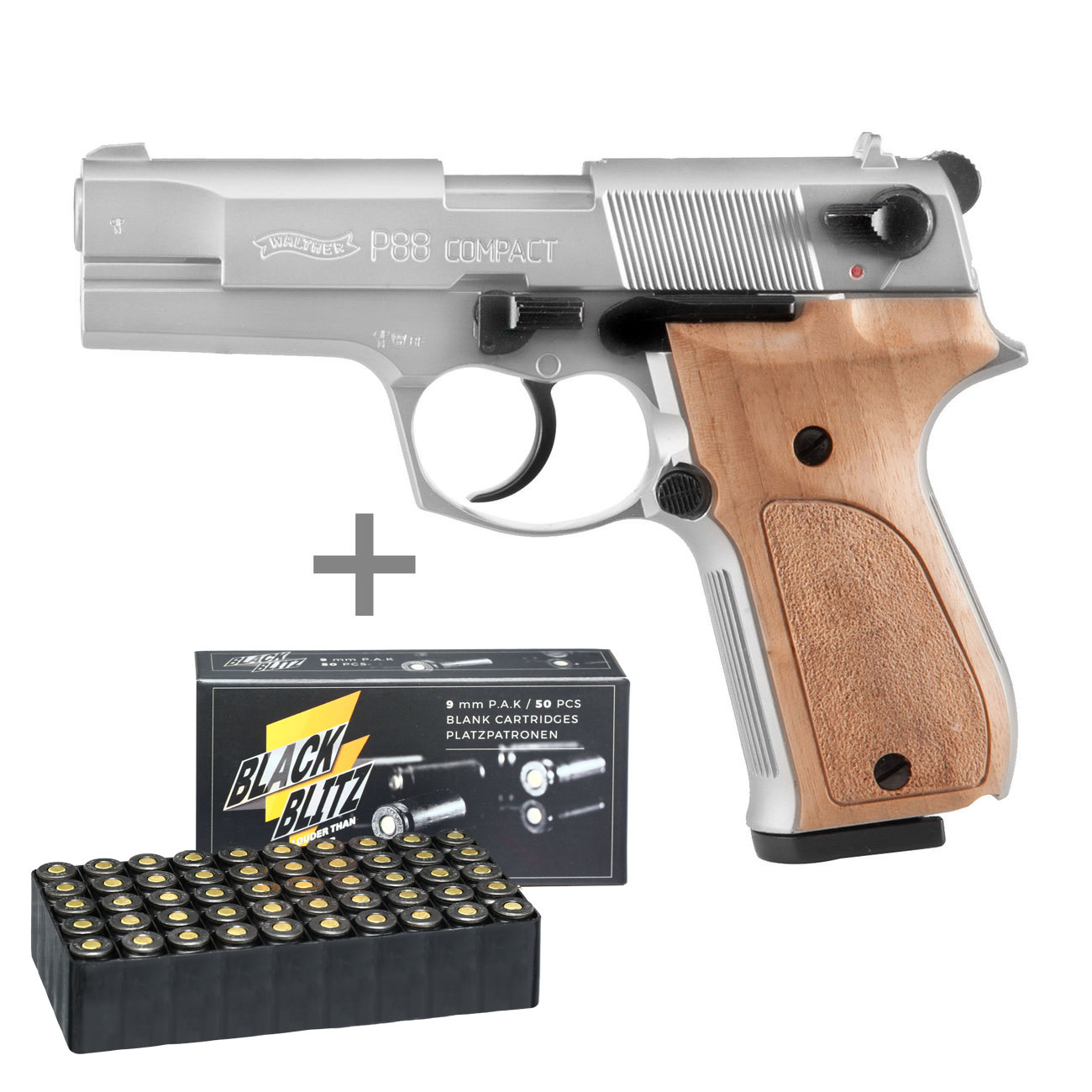 Walther P88 Schreckschuss Pistole Kal. 9mm P.A.K. nickel/Holz + 50 Schuss Pobjeda Black Blitz