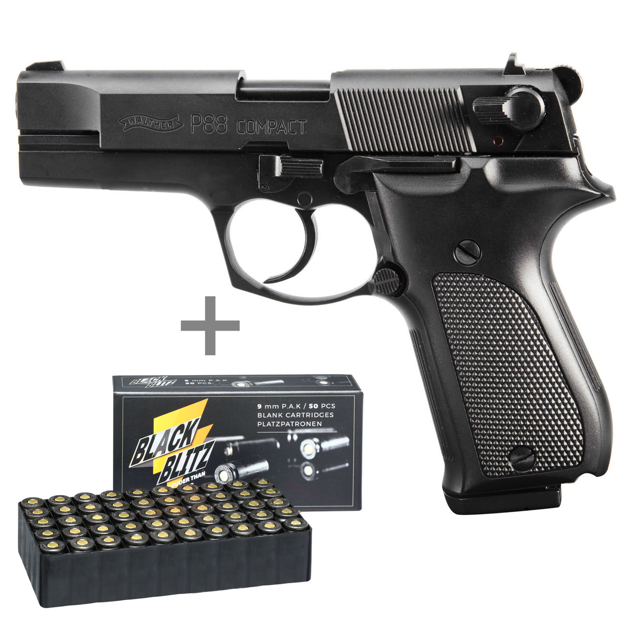 Walther P88 Schreckschuss Pistole Kal. 9mm P.A.K. brniert + 50 Schuss Pobjeda Black Blitz