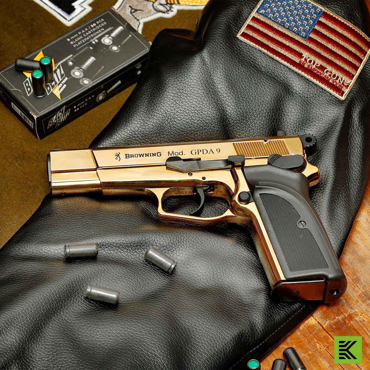 Browning GPDA 9 Schreckschuss Pistole Kal. 9mm P.A.K. gold finish + 50 Schuss Pobjeda Black Blitz Bild 1