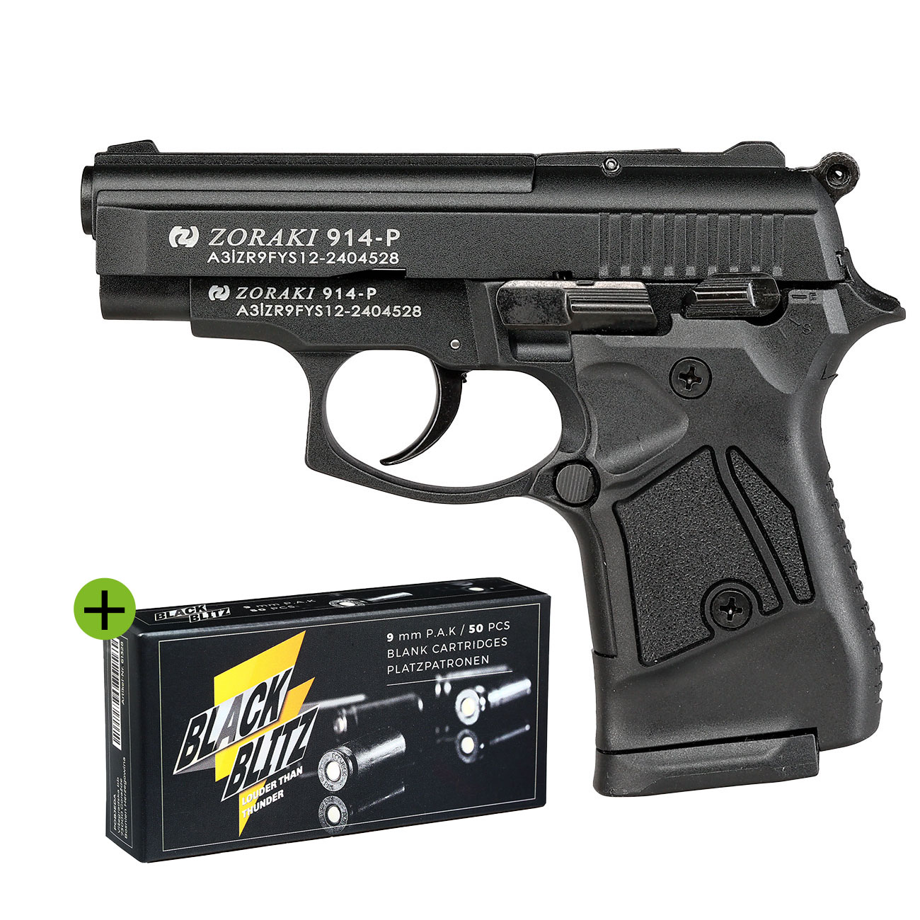 Zoraki 914 Schreckschuss Pistole Kal. 9mm P.A.K. brniert + 50 Schuss Pobjeda Black Blitz