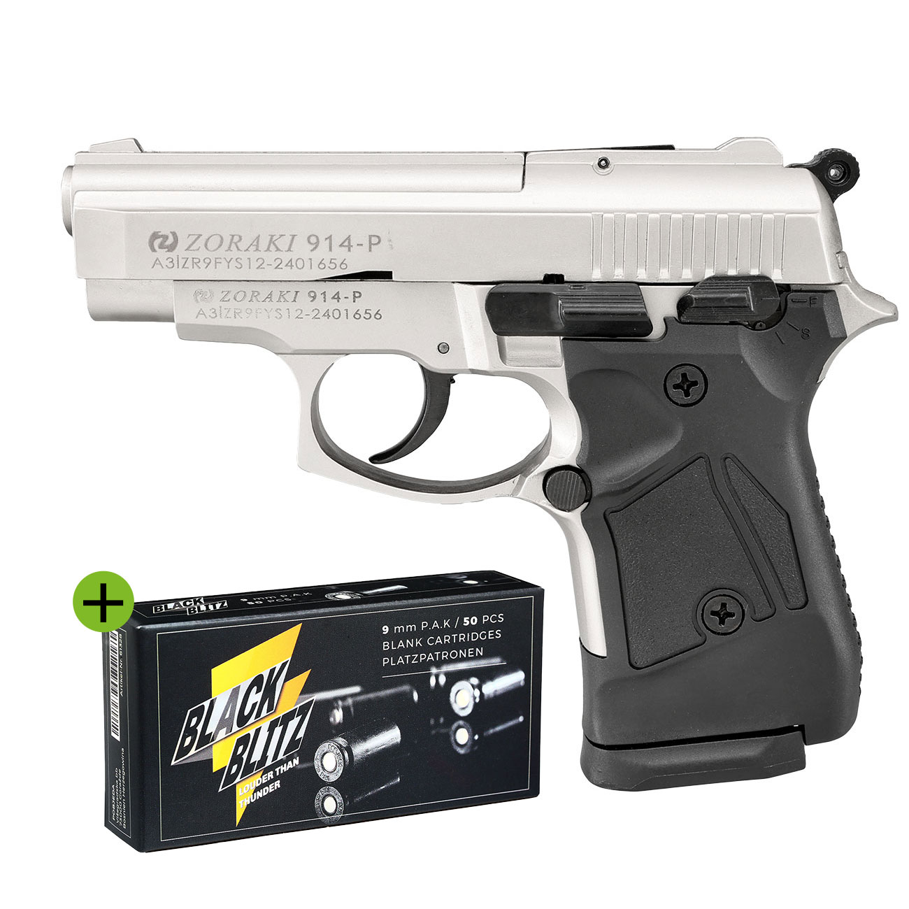 Zoraki 914 Schreckschuss Pistole Kal. 9mm P.A.K. satina + 50 Schuss Pobjeda Black Blitz
