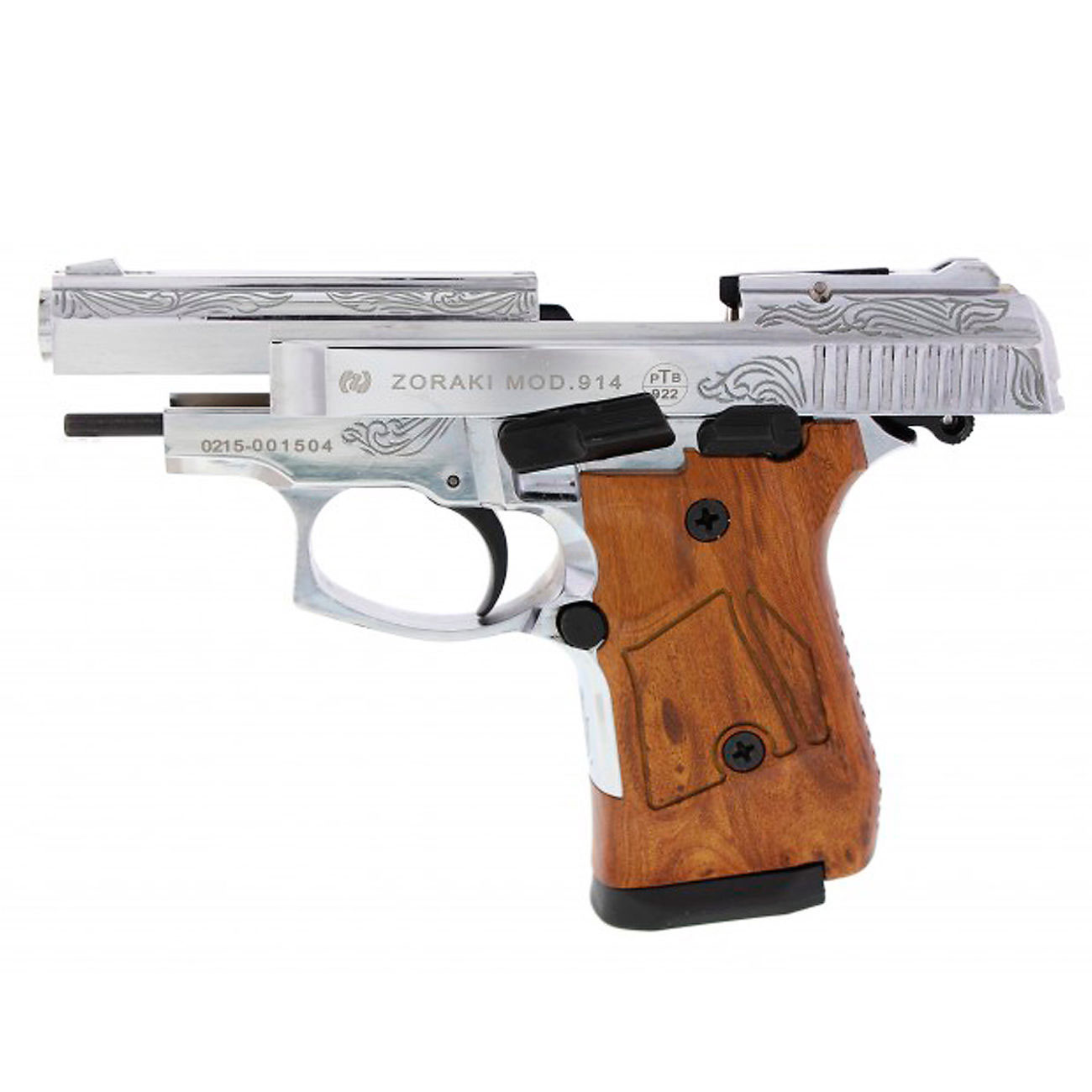 Zoraki 914 Schreckschuss Pistole Kal. 9mm P.A.K. chrom graviert + 50 Schuss Pobjeda Black Blitz Bild 1