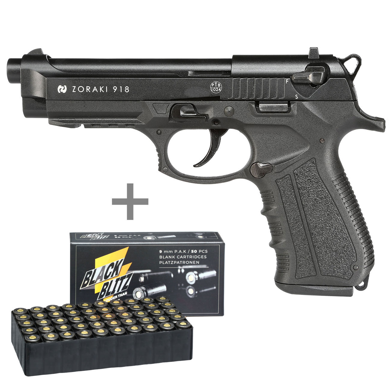 Zoraki 918 Schreckschusspistole Kal. 9mm P.A.K. brniert + 50 Schuss Black Blitz Platzpatronen