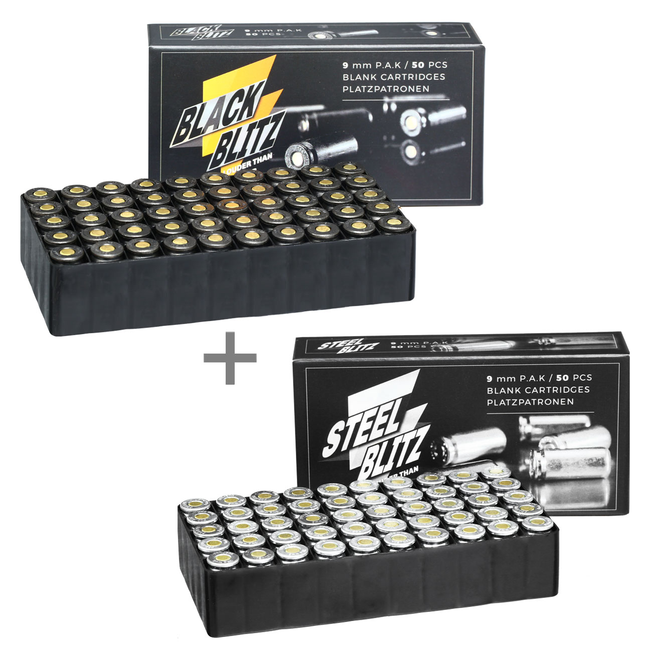 Testset Pobjeda Black Blitz + Steel Blitz Knallpatronen 9mm P.A.K. je 50 Stck