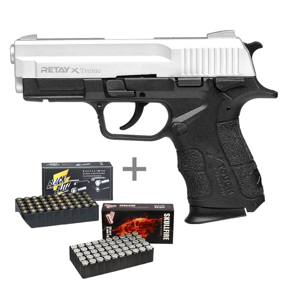 Retay X Treme Schreckschuss Pistole 9mm P.A.K. nickel inkl. 100 Platzpatronen Skullfire und Black Blitz