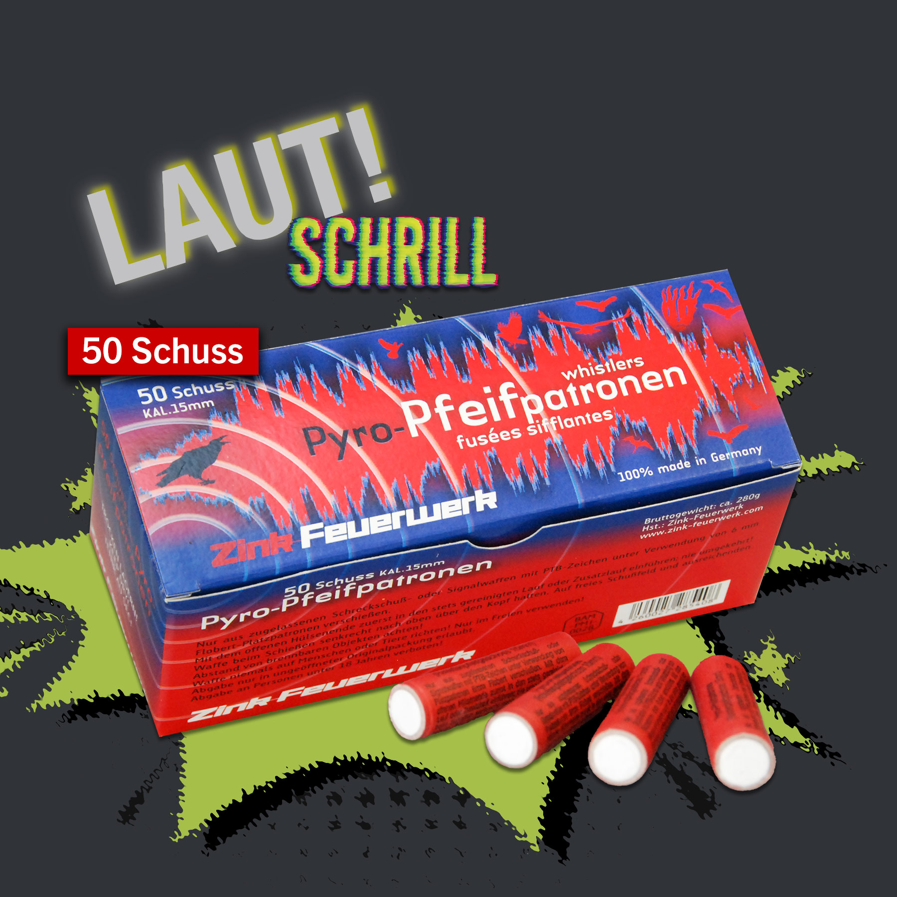 Zink Feuerwerk Pyro-Pfeifpatronen 50 Schuss Signaleffekte fr Schreckschusswaffen