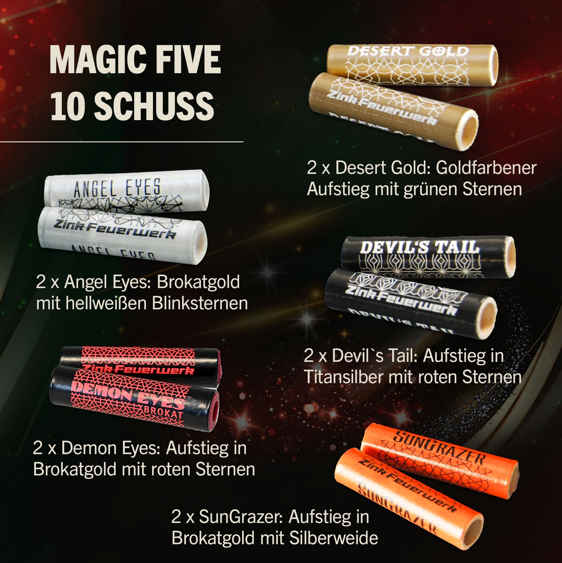 Zink Feuerwerk Magic Five 10-teilig Signaleffekte fr Schreckschusswaffen Bild 1