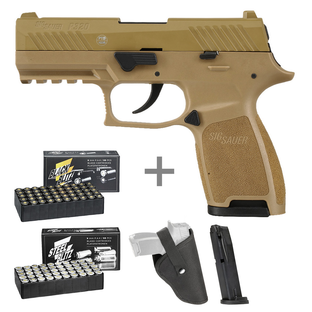 Sig Sauer P320 Schreckschuss Pistole 9mm P.A.K. dark earth inkl. 100 Schuss Platzpatronen, Ersatzmagazin und Holster