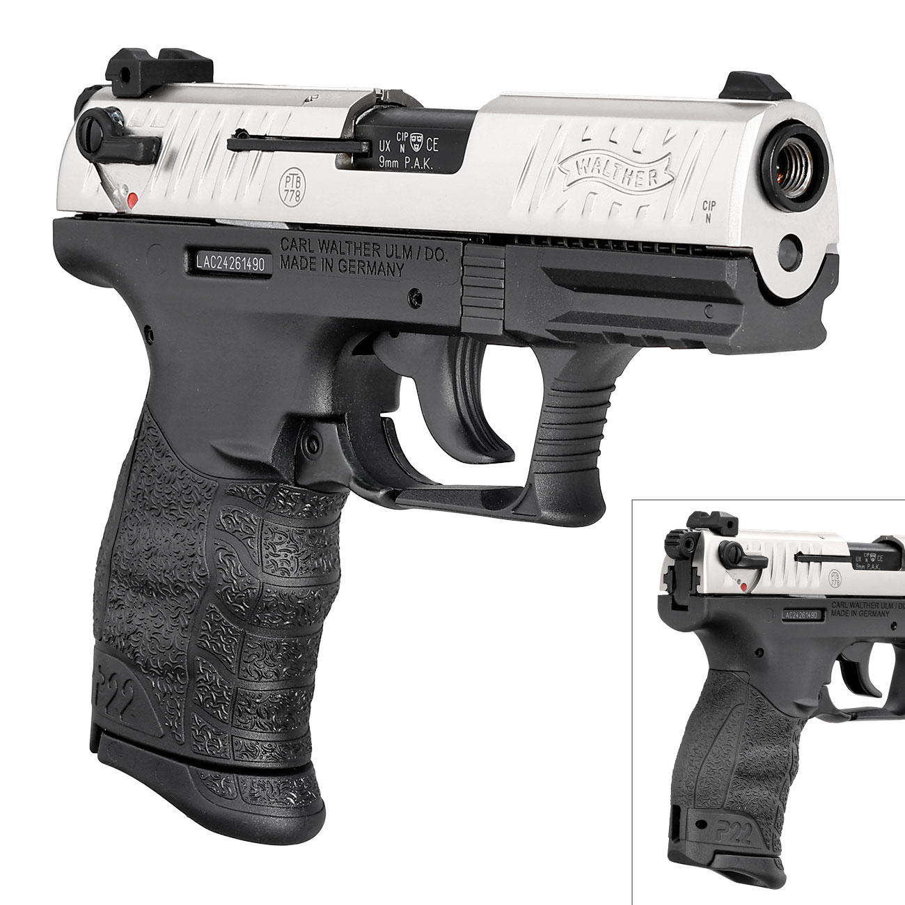 Walther P22Q Schreckschuss Pistole 9mm P.A.K. nickel inkl. austauschbare Griffrcken (S, L) Bild 9