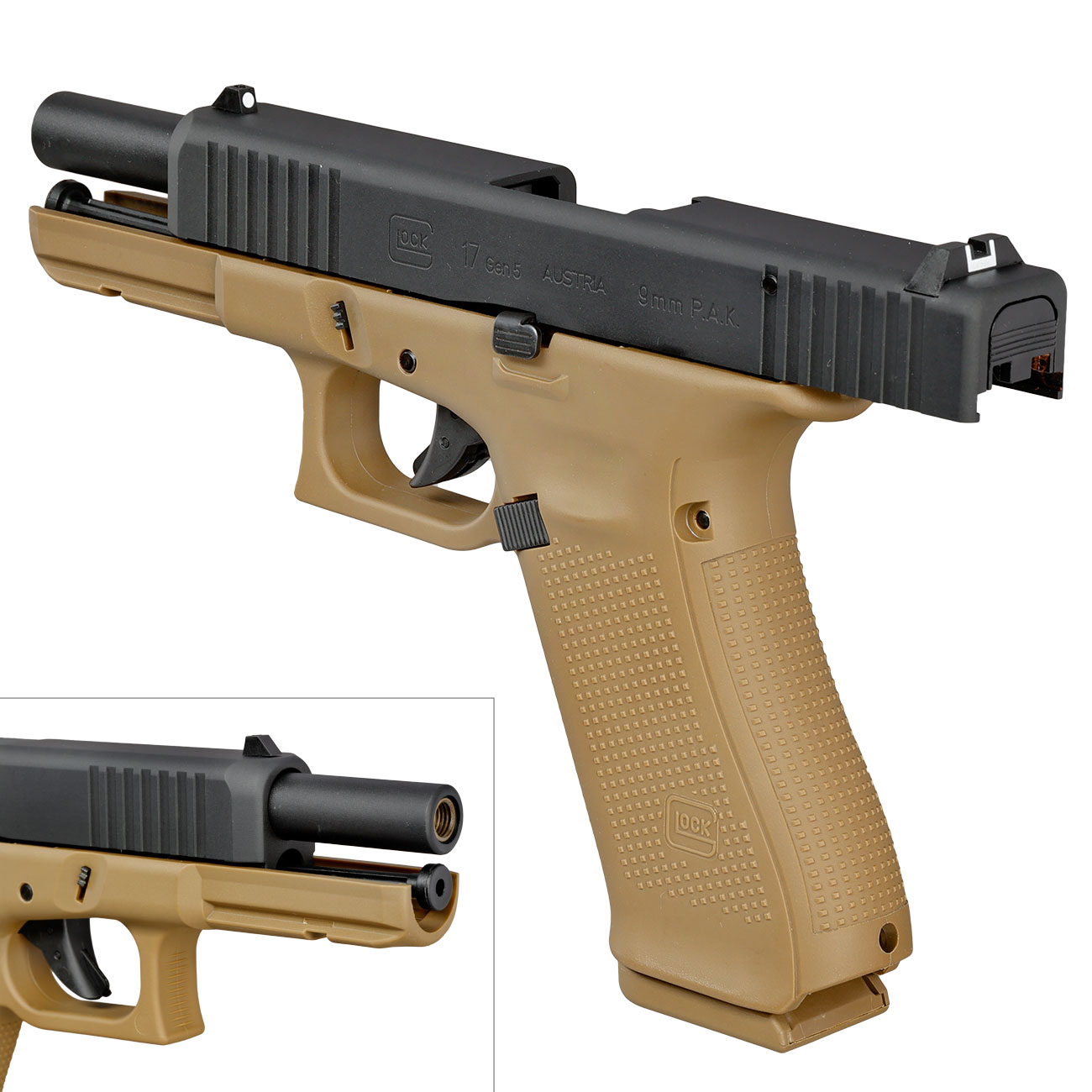 Glock 17 Gen5 Schreckschuss Pistole 9mm P.A.K. coyote French Army Edition inkl. Glock Koffer und Wechsel-Griffrcken Bild 8