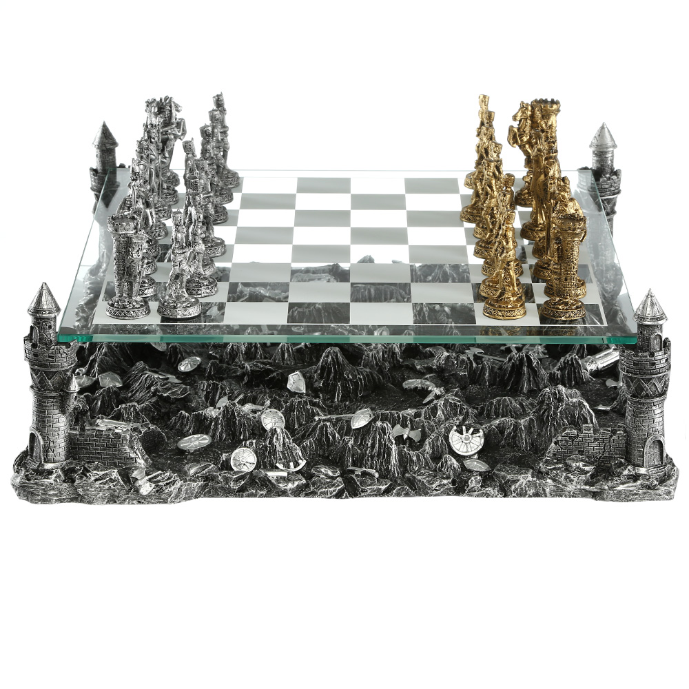 Schachspiel Ritter mit Glasbrett Ritterschach Mittelalter Schach Figuren 