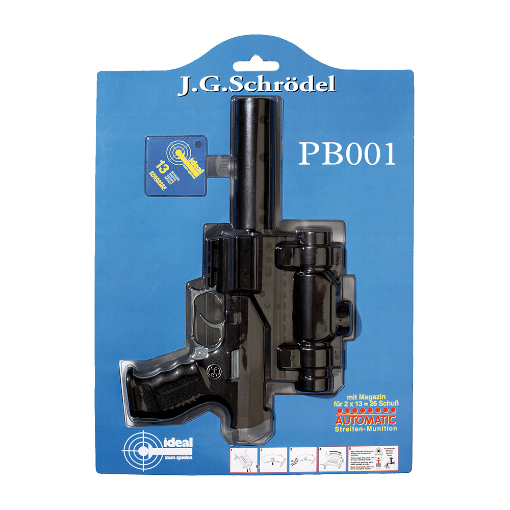 13 Schuss Schrödel Spielzeugpistole PB 001 mit Schalldämpfer und Zielfernrohr 