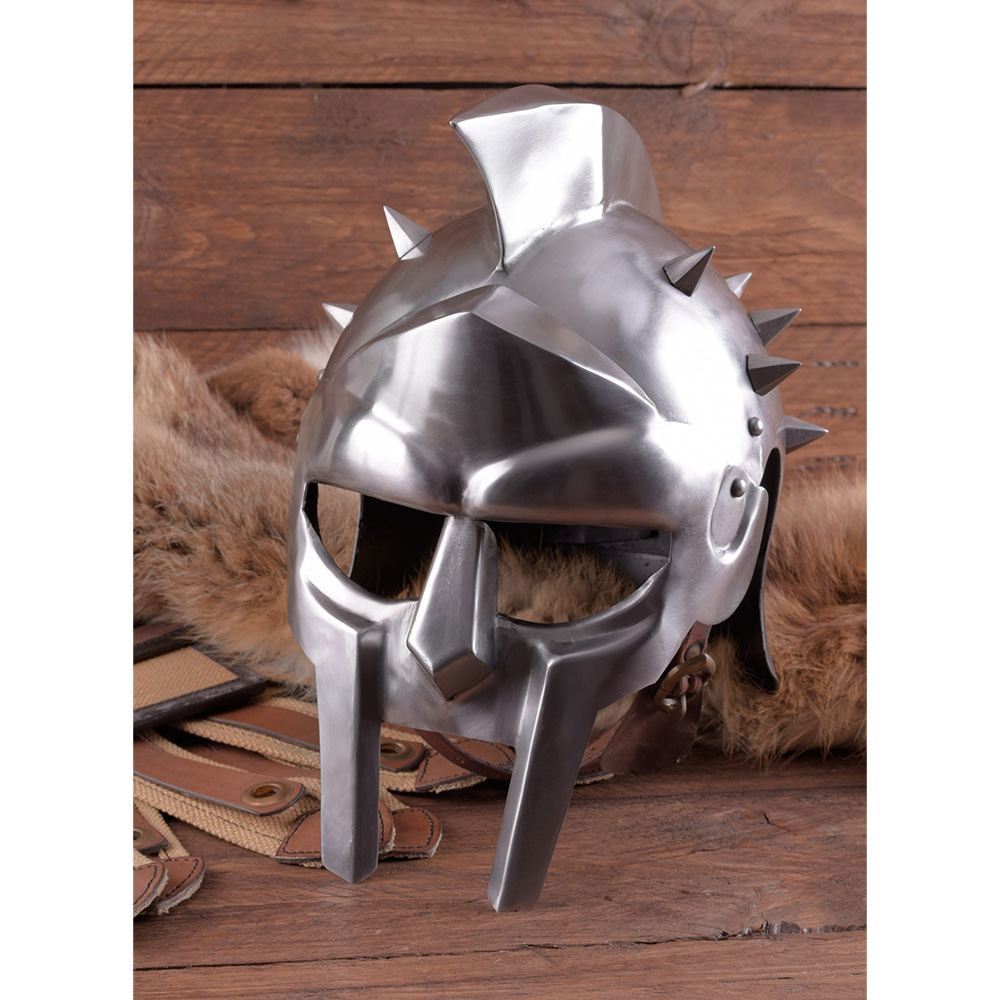 Gladiatorhelm Maximus aus Stahl mit Dornen silber inkl. Lederinlay