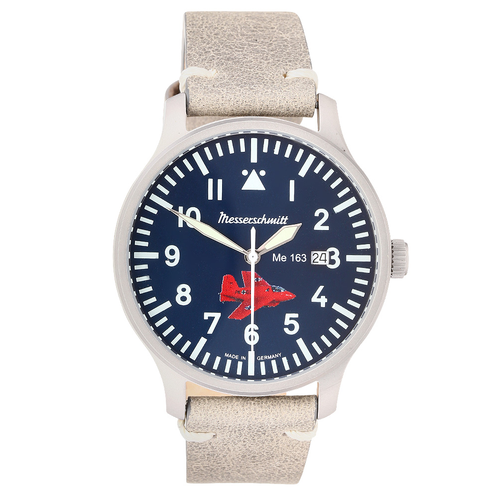 Messerschmitt Fliegeruhr Komet 163-80 Jahre mit Vintage Lederarmband