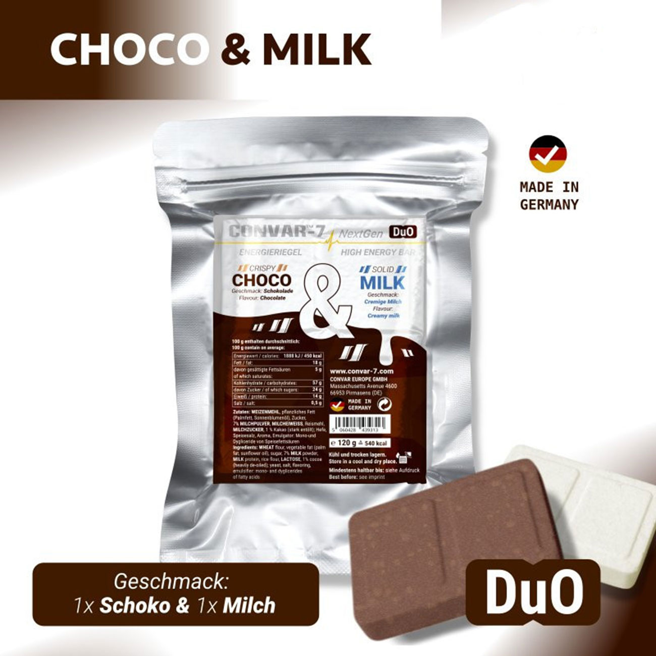 Convar-7 Riegel High Energy Bar NextGen Duo Schoko & Milch 120 g Langzeitlebensmittel - Ideal fr Outdoor, Notvorrat und Kri