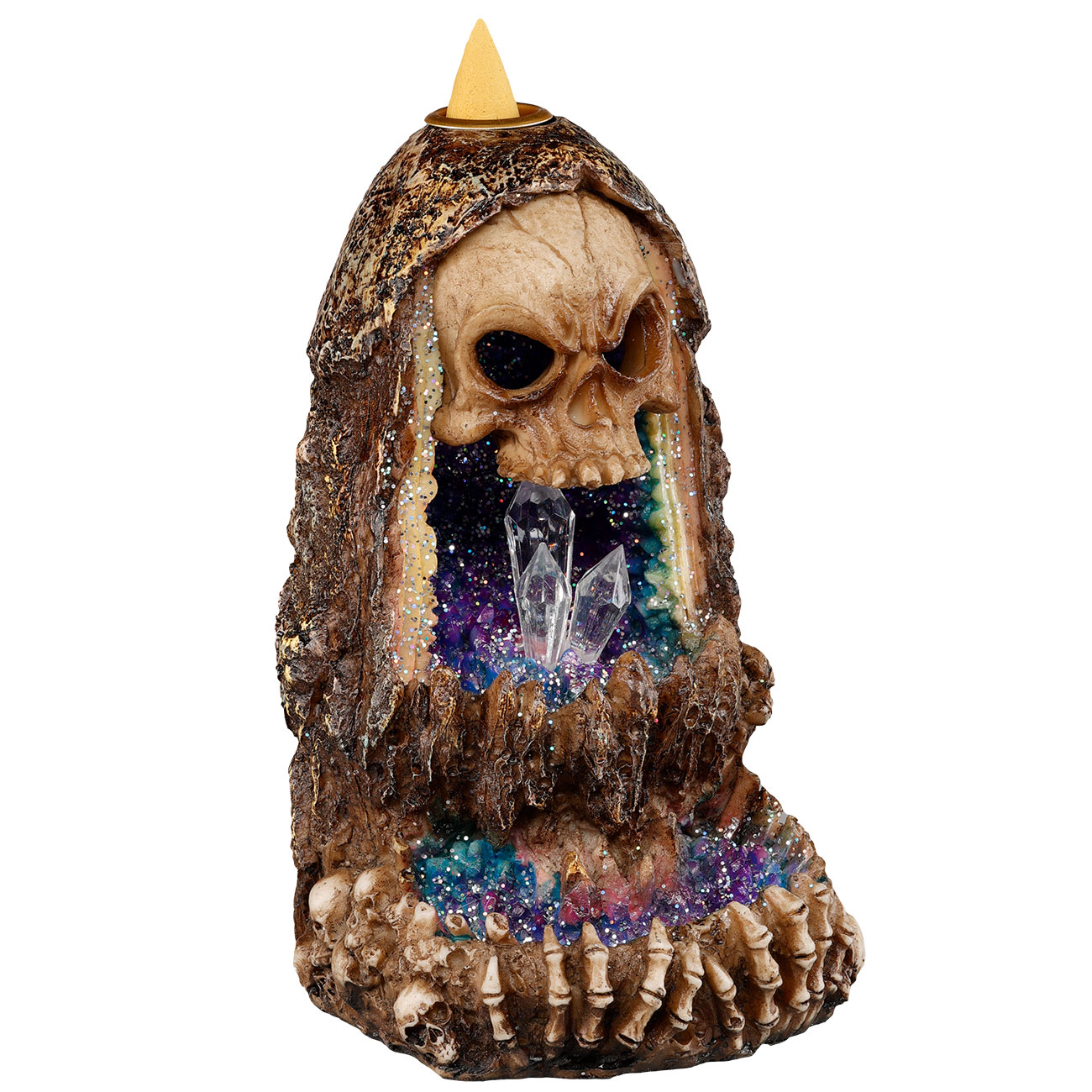 Dekofigur Totenkopf Kristallhhle mit Rucherkegelhalter und LED 17 x 10 cm