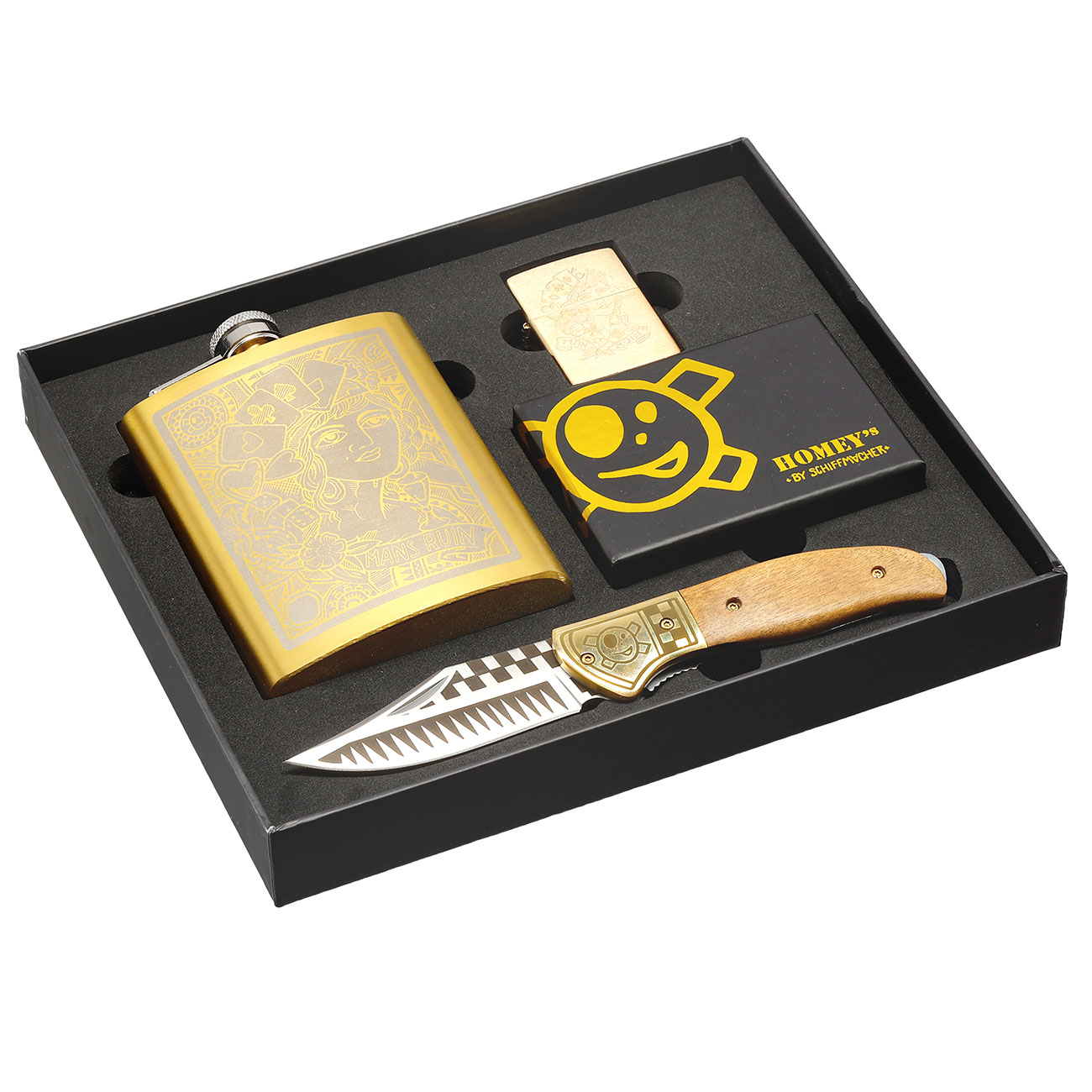 Homeys Geschenkset Mans Ruin inkl. Taschenmesser, Flachmann, Zippo-Feuerzeug & Spielkarten