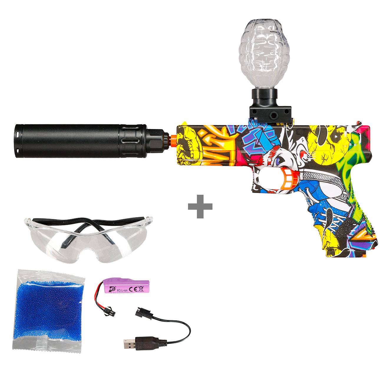 Asgard Gelpistole Actionblaster elektrisch inkl. Akku, Schalldmpfer, Gelkugeln & Schutzbrille Graffiti