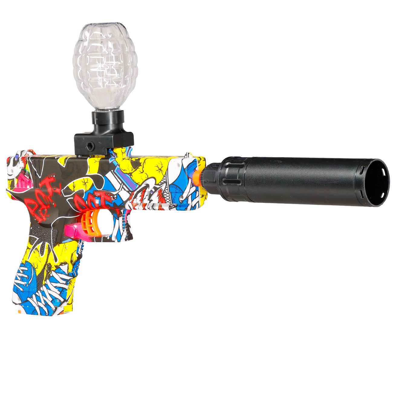 Asgard Gelpistole Actionblaster elektrisch inkl. Akku, Schalldmpfer, Gelkugeln & Schutzbrille Graffiti Bild 4