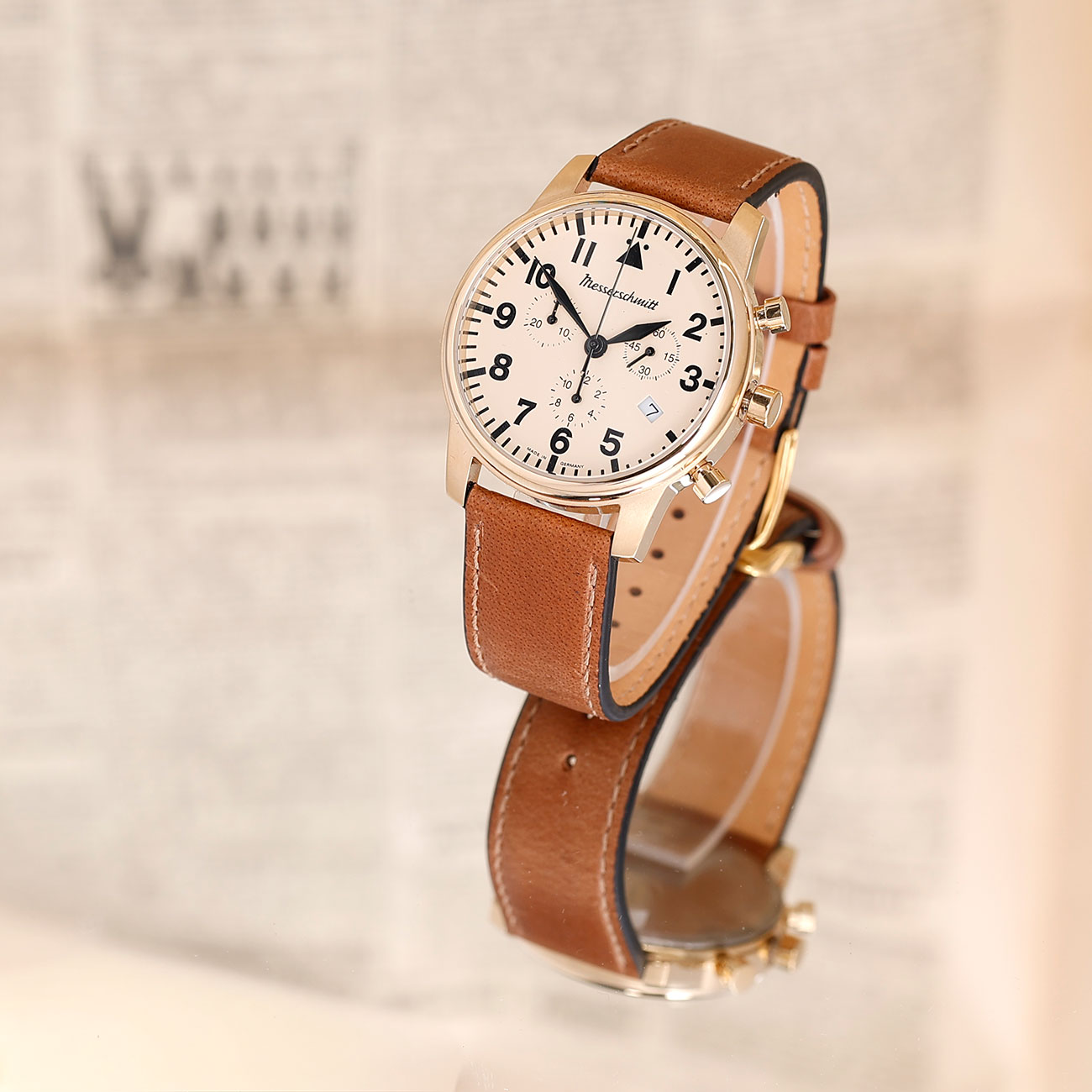 Messerschmitt Fliegerchrono ME-4544GP-BL Gold Plated Uhr mit Lederarmband Bild 1