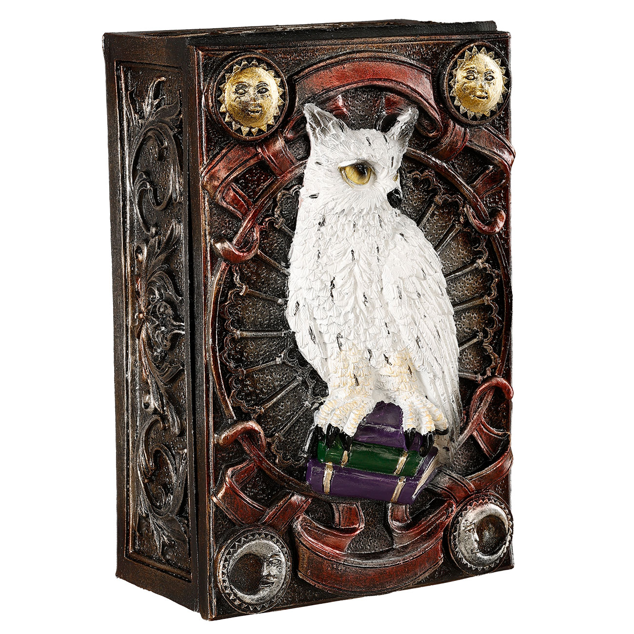 Braune Tarotbox Zaubereule sitzt auf B�cherstapel