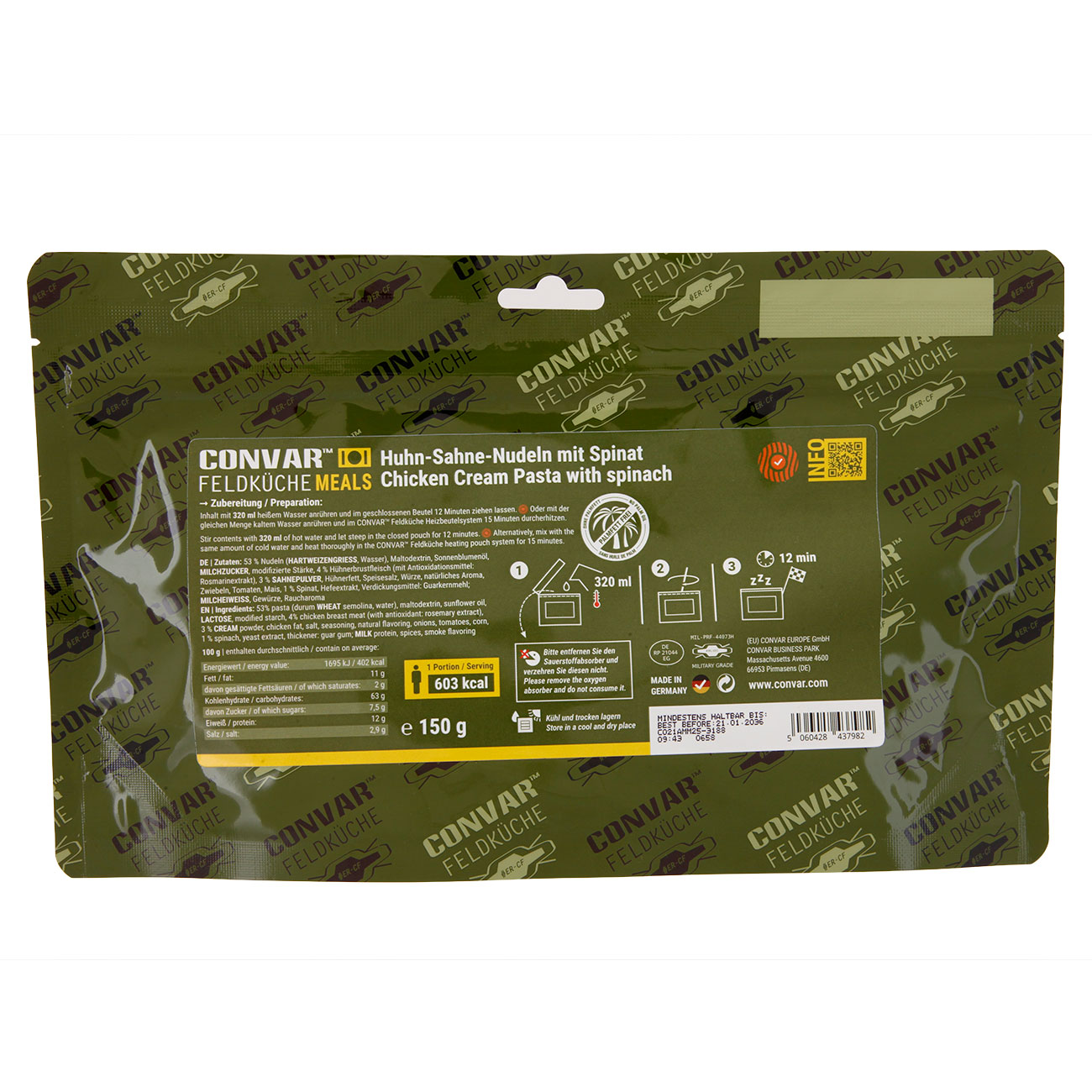 Convar Feldk�che Meals Huhn-Sahne-Nudeln mit Spinat 150g Beutel