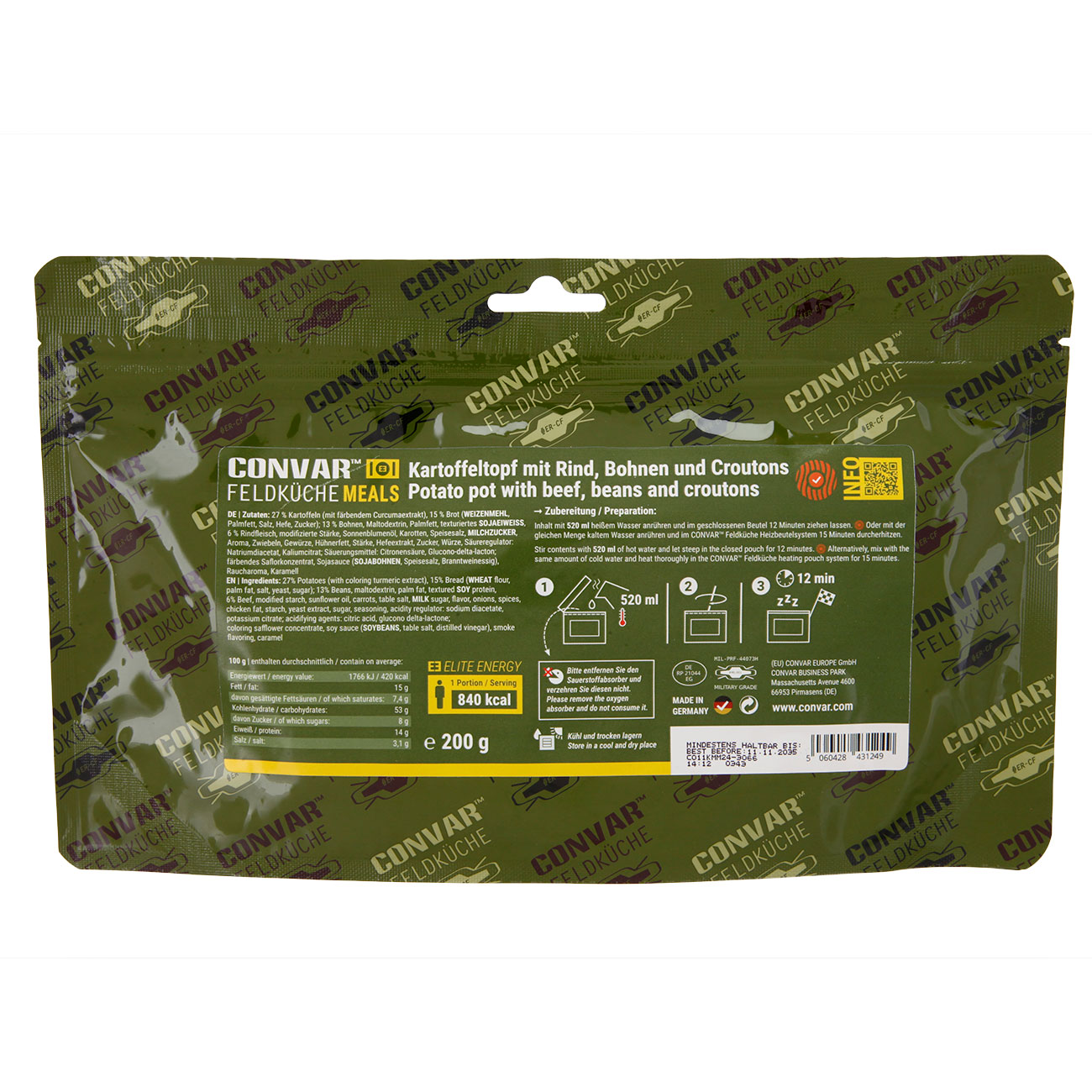 Convar Feldk�che Meals Kartoffeltopf mit Rind, Bohnen und Croutons 200 g Beutel