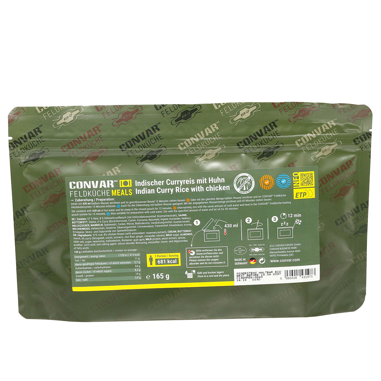 Convar Feldk�che Indischer Curryreis mit Huhn Langzeitlebensmittel 165 g Beutel