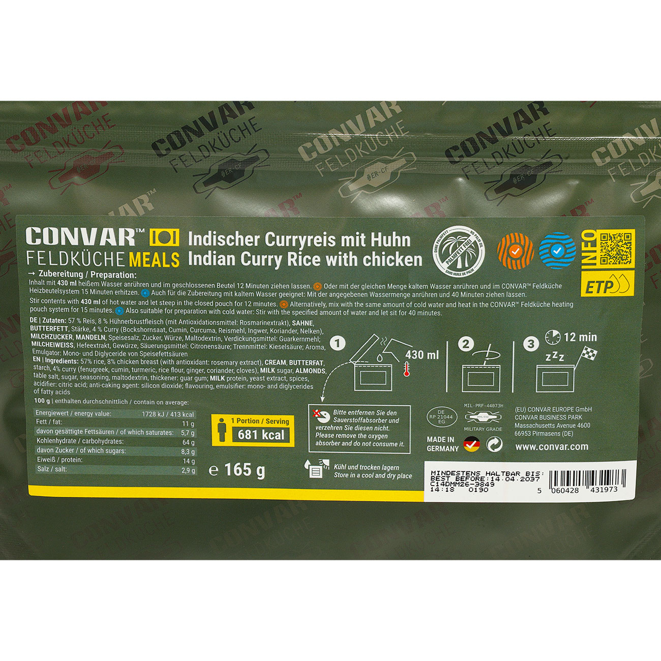 Convar Feldk�che Indischer Curryreis mit Huhn Langzeitlebensmittel 165 g Beutel Bild 1