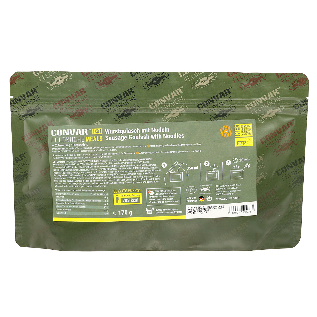 Convar Feldk�che Meals Wurstgulasch mit Nudeln Langzeitlebensmittel 170 g Beutel