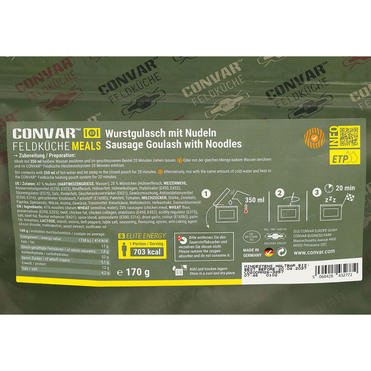Convar Feldk�che Meals Wurstgulasch mit Nudeln Langzeitlebensmittel 170 g Beutel Bild 1