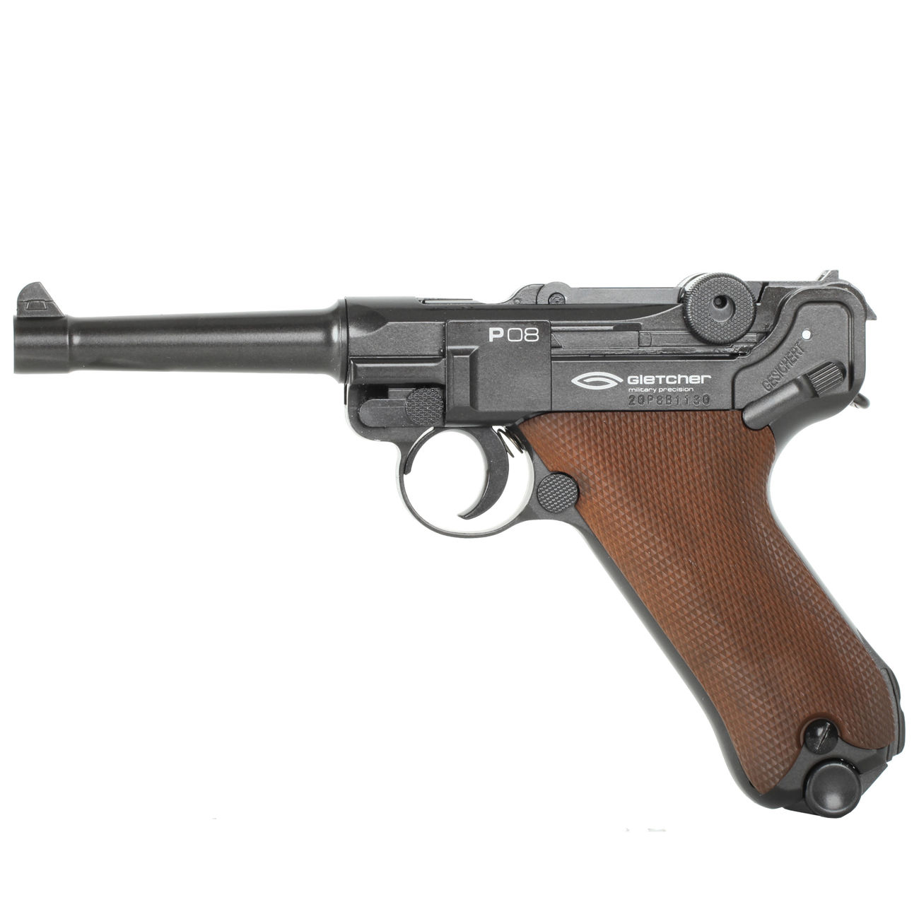Gletcher CO2 Pistole P08 schwarz Kal. 4,5mm Stahl BB braune Griffschalen