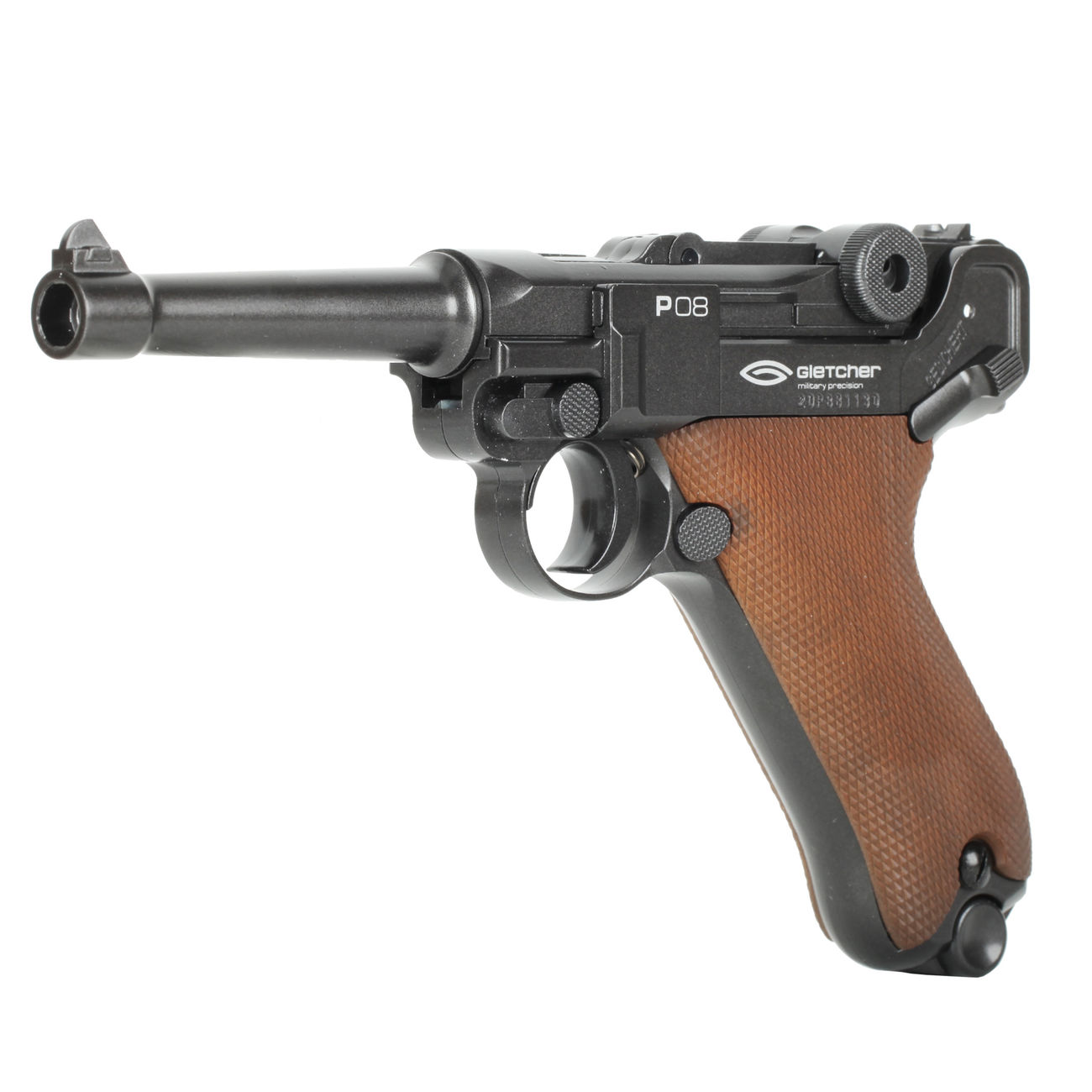 Gletcher CO2 Pistole P08 schwarz Kal. 4,5mm Stahl BB braune Griffschalen Bild 1