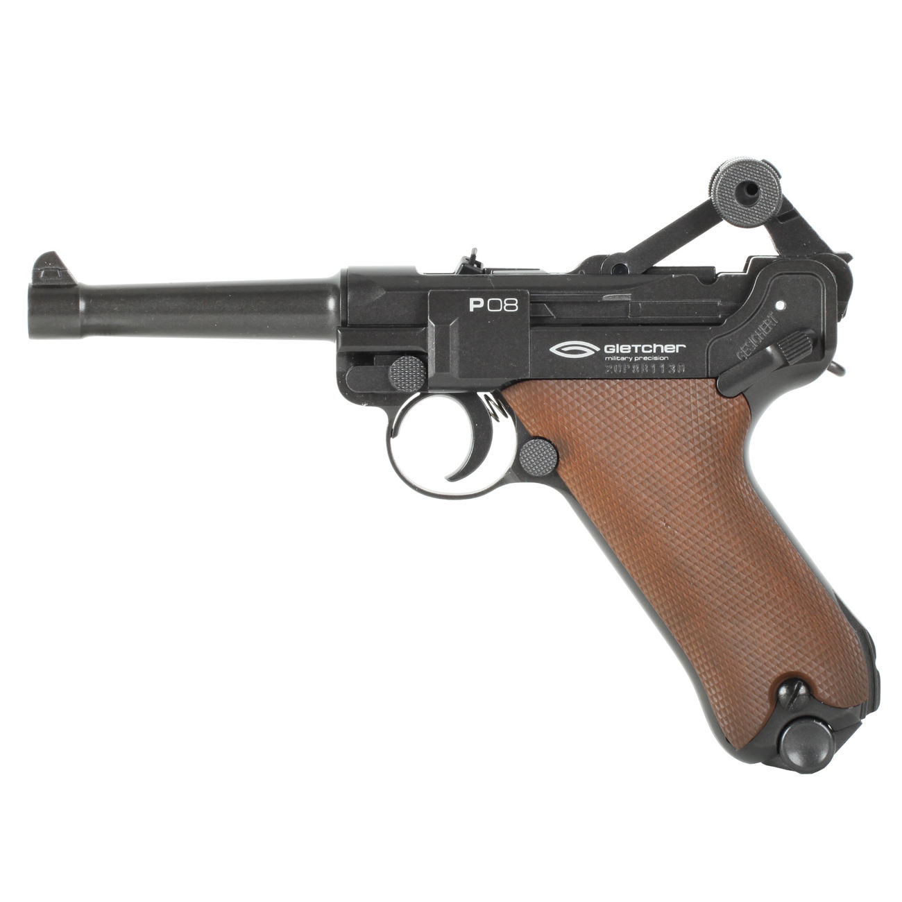 Gletcher CO2 Pistole P08 schwarz Kal. 4,5mm Stahl BB braune Griffschalen Bild 1