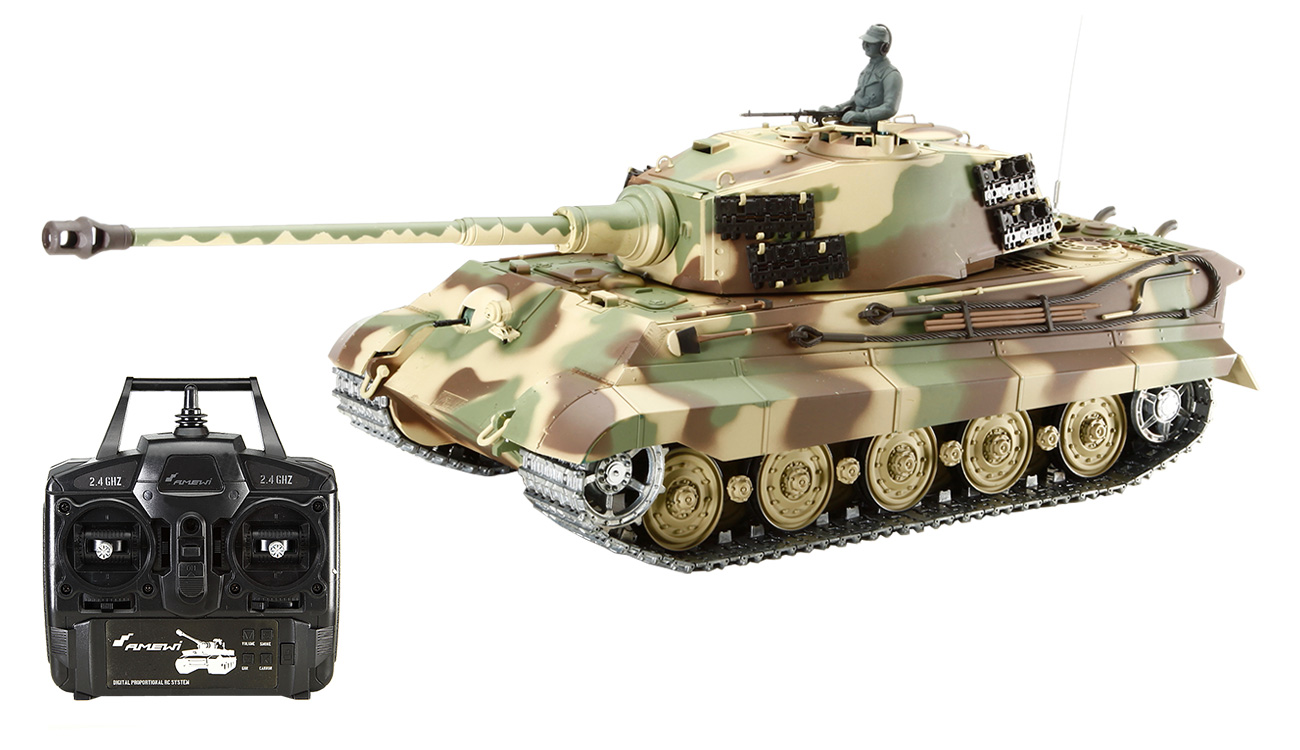 RC Panzer Königstiger Henschel Turm 1:16 Professional Line IR/BB Metallketten und Metallgetriebe schussfähig