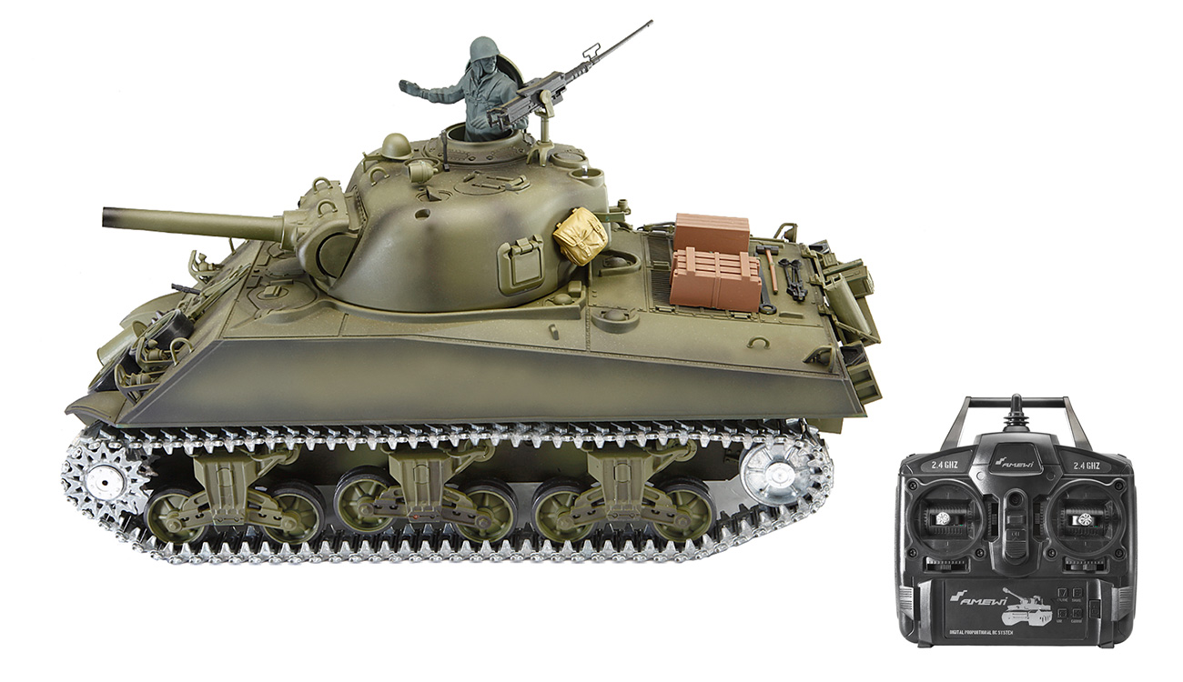 Amewi RC Panzer U.S. M4A3 Sherman Metallketten 1:16 schussfhig RTR oliv Bild 1