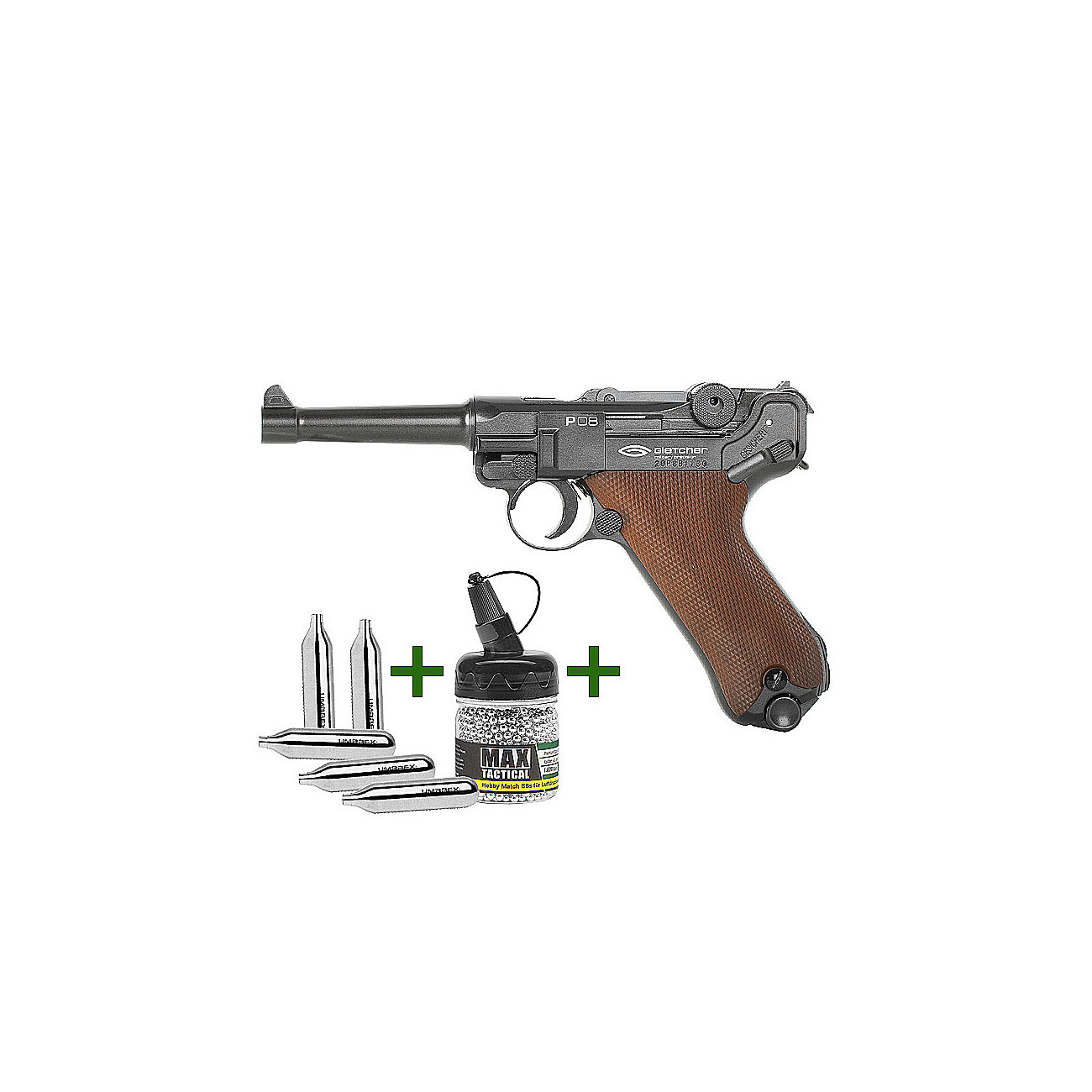 Starter Set Gletcher Co2 Luftpistole P08 Holzoptik 4 5 Mm Bb Inkl Co2 Kapseln U Stahl Bbs Kotte Zeller